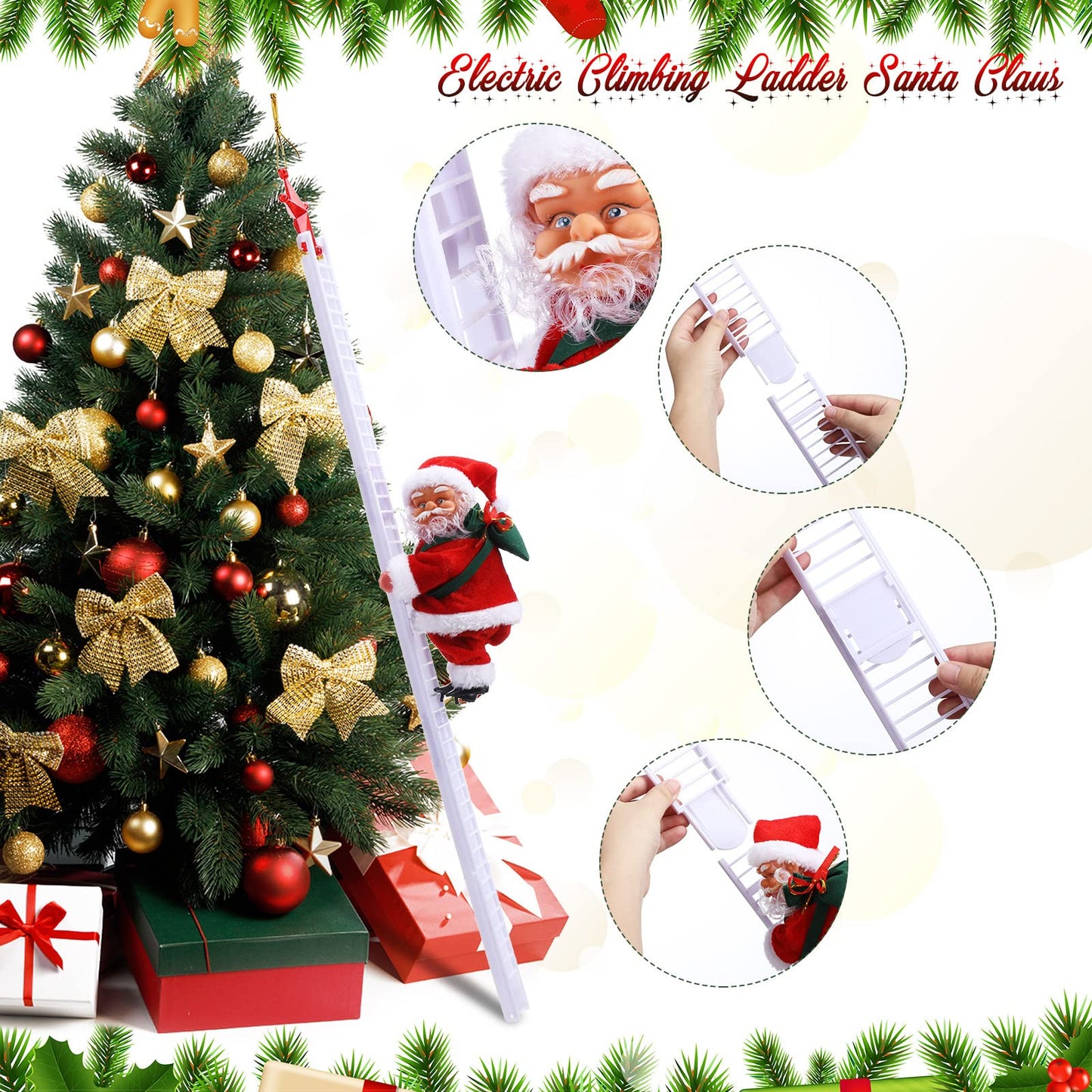 3 Pcs Electric Santa Claus Decoration - Rope Ladder Parachute Somersault Musical Santa Climbing Ladder Plush Doll Figurine Christmas Tree Hanging Ornaments Toys Xmas Gift