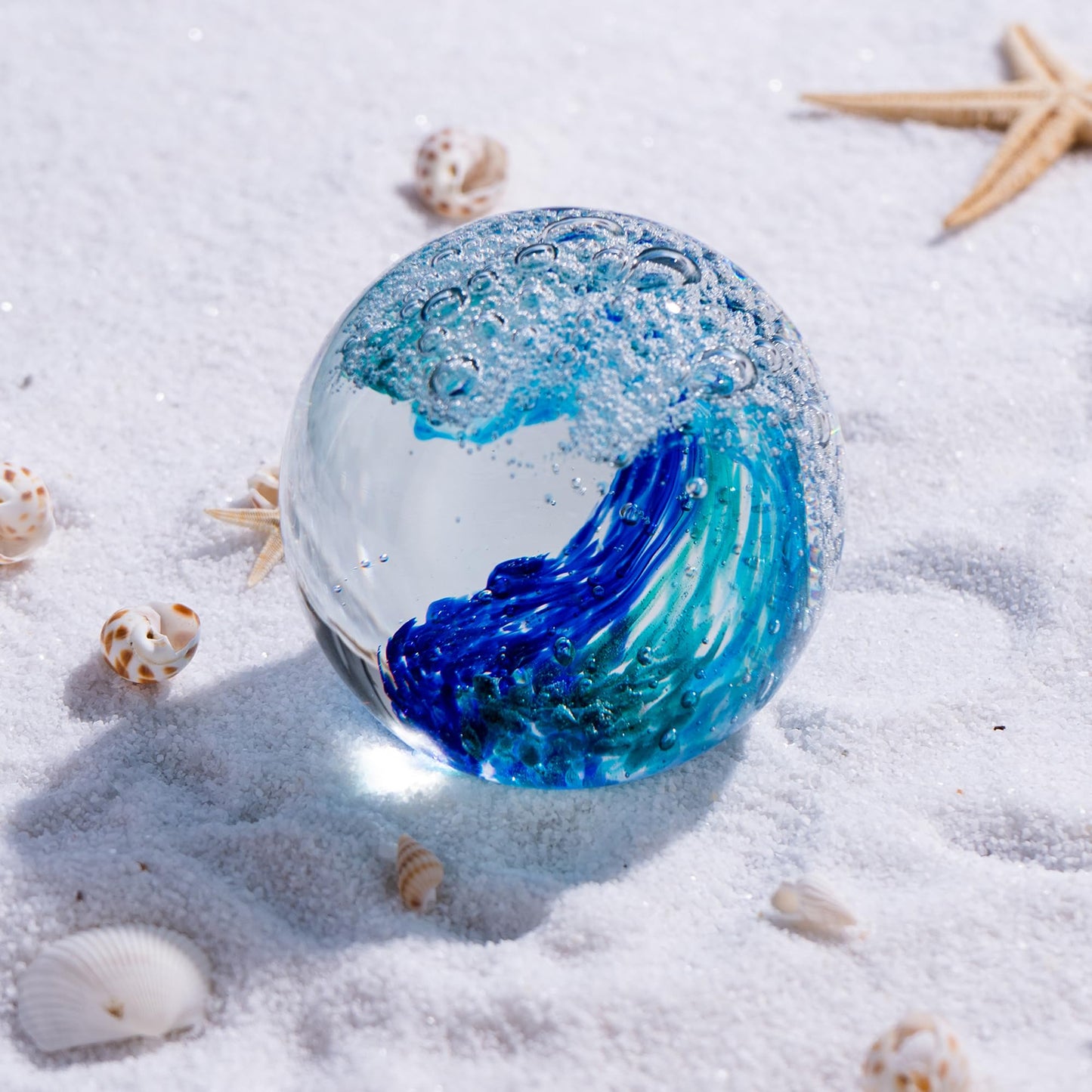 QIANCHANG 3.15" Ocean Wave Art Glass Paperweight, Hand Blown Glass Figurines Collectibles, Ocean Waves Decor Coastal Beach Themed Gifts