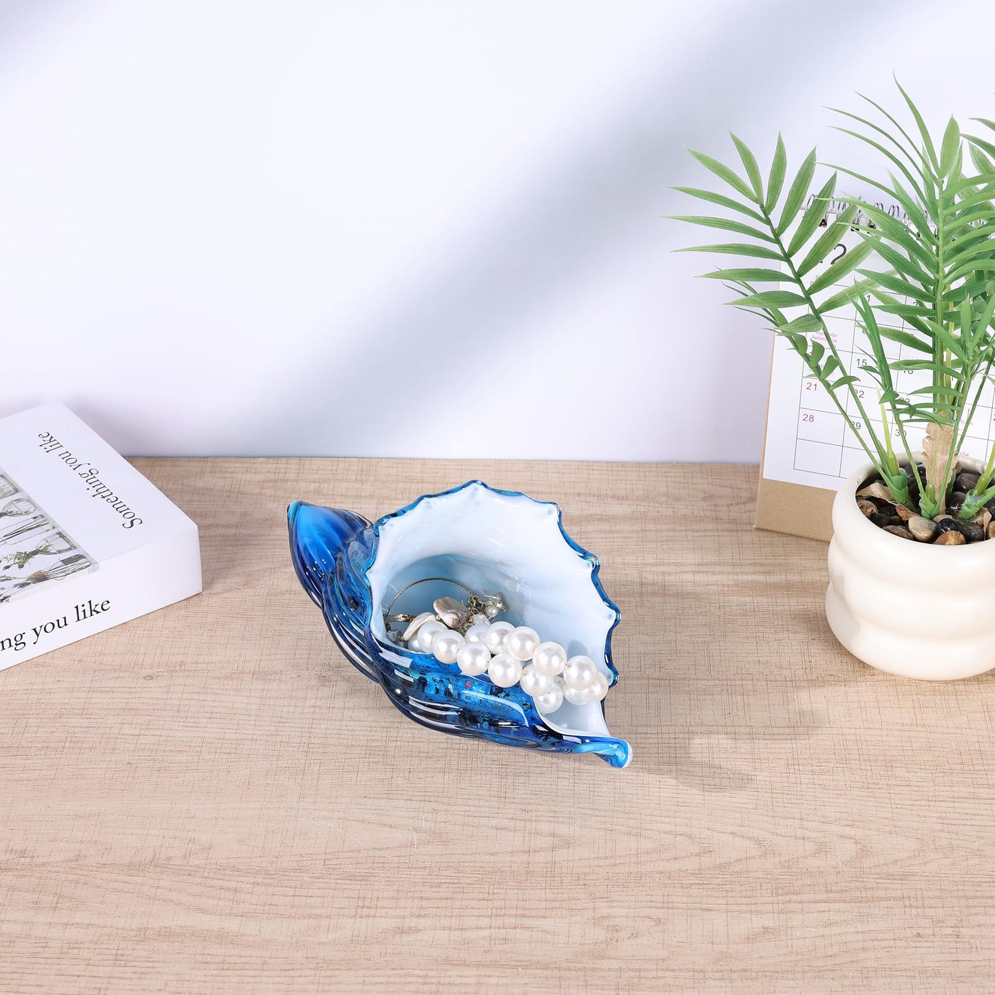 Sea Glass Art Figurines Hand Blown Sea Glass Conch Decor - Ocean Themed Coastal Room Decor, Sea Shell Sculpture Storage for Coastal Room Knick Knacks, Home Kitchen Decorations Above Cabinets (A)
