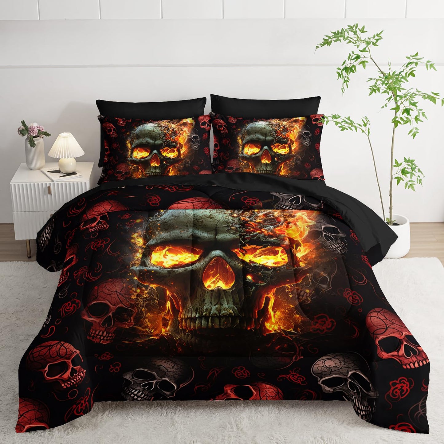 AILONEN 7-Piece Fire Skull Comforter Sets Queen Size,3D Skeleton Bedding Set for Kids Boys Teens,Fiery Style Black Tint Comforter & Fitted Sheet with Flat Sheet & 2 Pillowcases,2 Pillow Shams