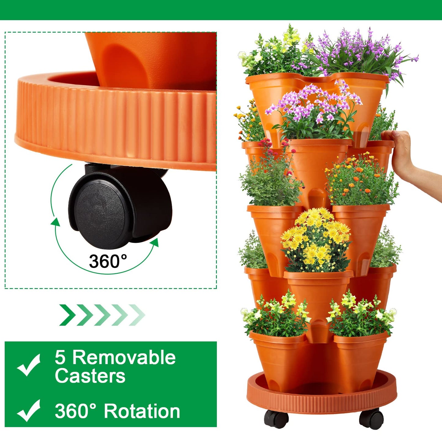 Umigy 2 Set 5 Tier Stackable Planters Vertical Garden Planters for Strawberry Herb Flower and Vegetable Indoor Outdoor Gardening Pots with Removable Wheels and Bottom(Terracotta)