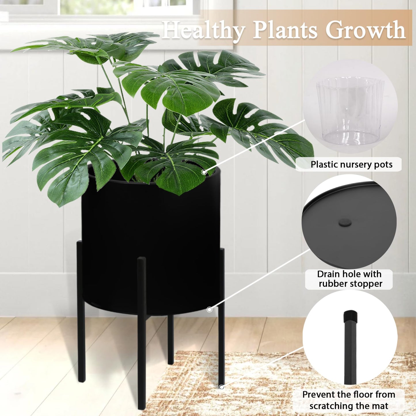 ARNIS Modern Plant Pots, Large Planters with Stand, Set of 2 Decorative Planters, Metal Plant Pots with Drainage Holes for Living Room, Office, Garden or Balcony, 10.5 &12.25 Inch, Black