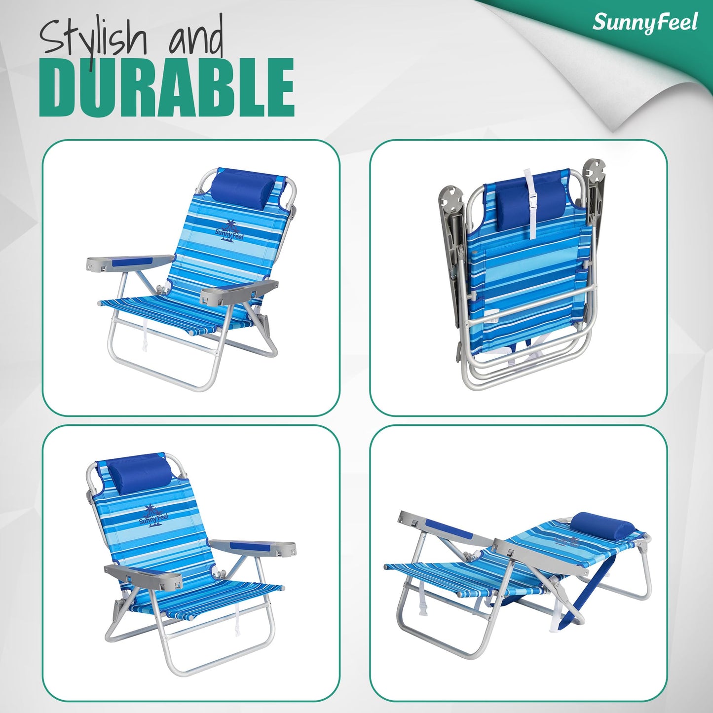 SUNNYFEEL Extra Wide 28" Low Beach Chair 5 Position Lay Flat, XL Oversized Portable Folding Camping Chairs with Cup Holder for Outdoor/Trip, Lightweight Foldable Backpack Beach Chair for Adults