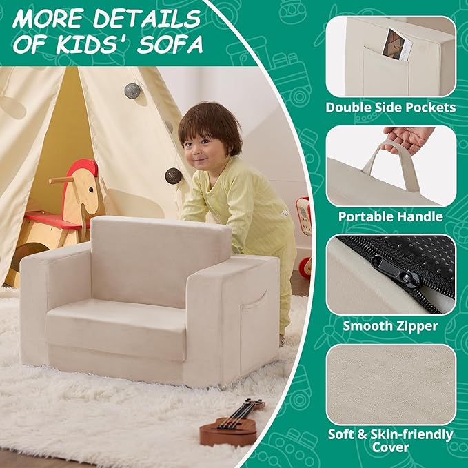 Kids Couch, 2-in-1 Toddler Chair Comfy 1-3 Years, Convertible Kids Chair
