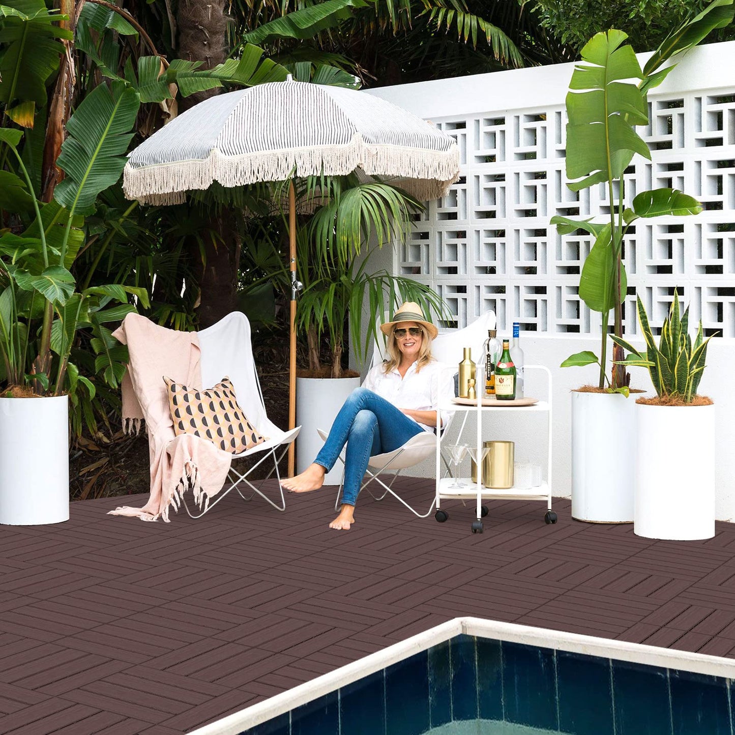 Goovilla Plastic Interlocking Deck Tiles, 36 Pack Balcony Flooring, 12"x12" Waterproof Outdoor Flooring All Weather Use, Patio Floor Decking Tiles for Porch Poolside Backyard Concrete, Dark Brown