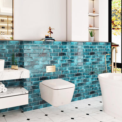 Wallercity Marble Blue Peel and Stick Backsplash Glossy Wall Tile Stickers Vinyl Self Adhesive Stick on Subway Tile Back Splash for Kitchen Bathroom 12''x12'' Waterproof 3D Art Wall Tiles Decor 10PCS