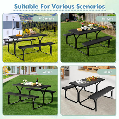MEDIMALL Picnic Table, Portable Picnic Tables with Benches, Plastics Picnic Table Bench Set with Metal Frame & All Weather Tabletop, Large Camping Picnic Table for Outdoors, Backyard, Garden (Black)