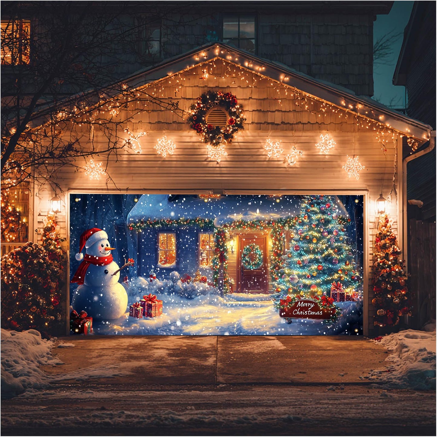 HOMETITUTE Christmas Door Banner 13x6ft Snowy Winter Scene Snowman Christmas Tree Gift Boxes Holiday Porch Decoration Seasonal Merry Christmas Front Door Cover Indoor Outdoor