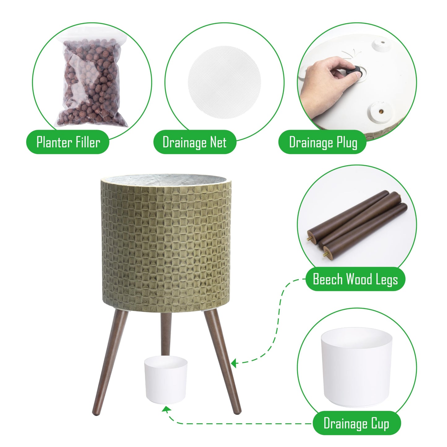 D'vine Dev 14 Inch Modern Geometric Tile Patterned Sleek Planter Pot with Stand, Indoor Outdoor Decorative Plant Holder, Distressed Olive, 88-Z-D-4