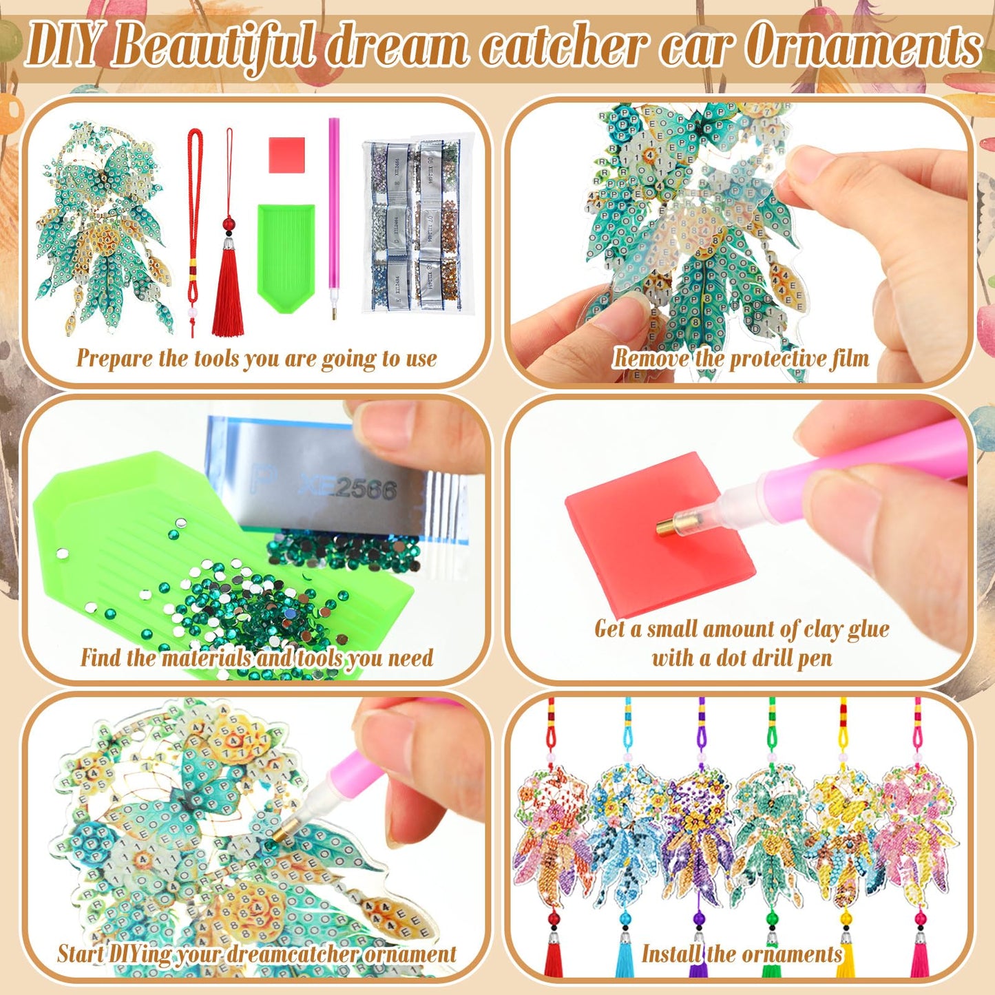 JenPen 12 Pcs Diamond Painting Car Ornaments Diamond Art Ornament for Car Double Sided Painting Hanging Ornament Crystal Gem Garden Decoration Paint DIY Kit(Dream Catcher)