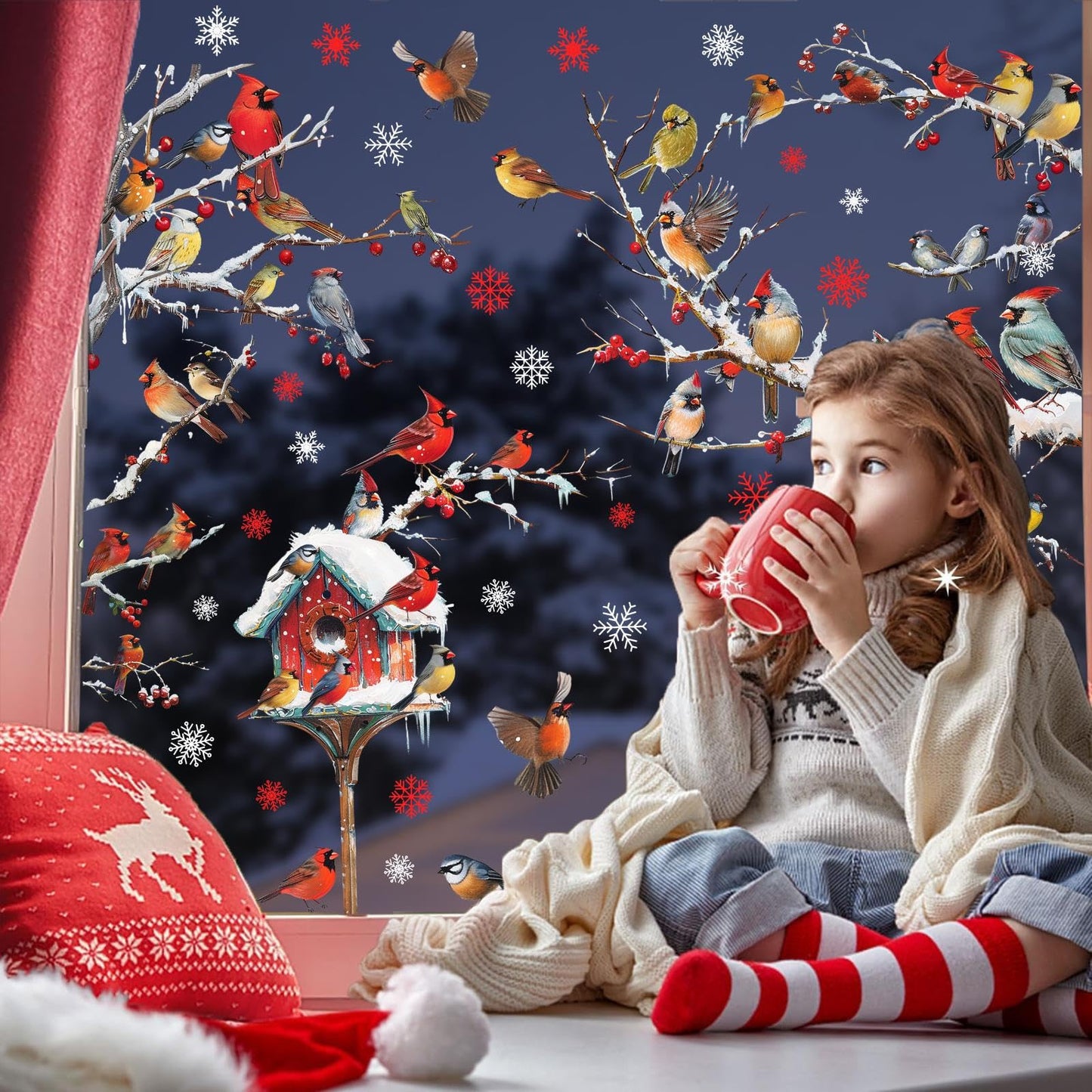 Winter Window Stickers Christmas Window Clings Double-Sided Xmas Sticker for Indoor Outdoor Decor Winter Birds Tree Branch Windows Decals for New Year Christmas Holiday Party Living Room Home Decor