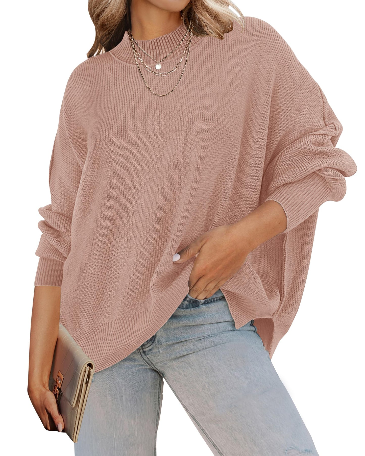 ZESICA Women's Fall 2025 Casual Long Sleeve Crew Neck Side Slit Oversized Ribbed Knit Pullover Sweater Tops