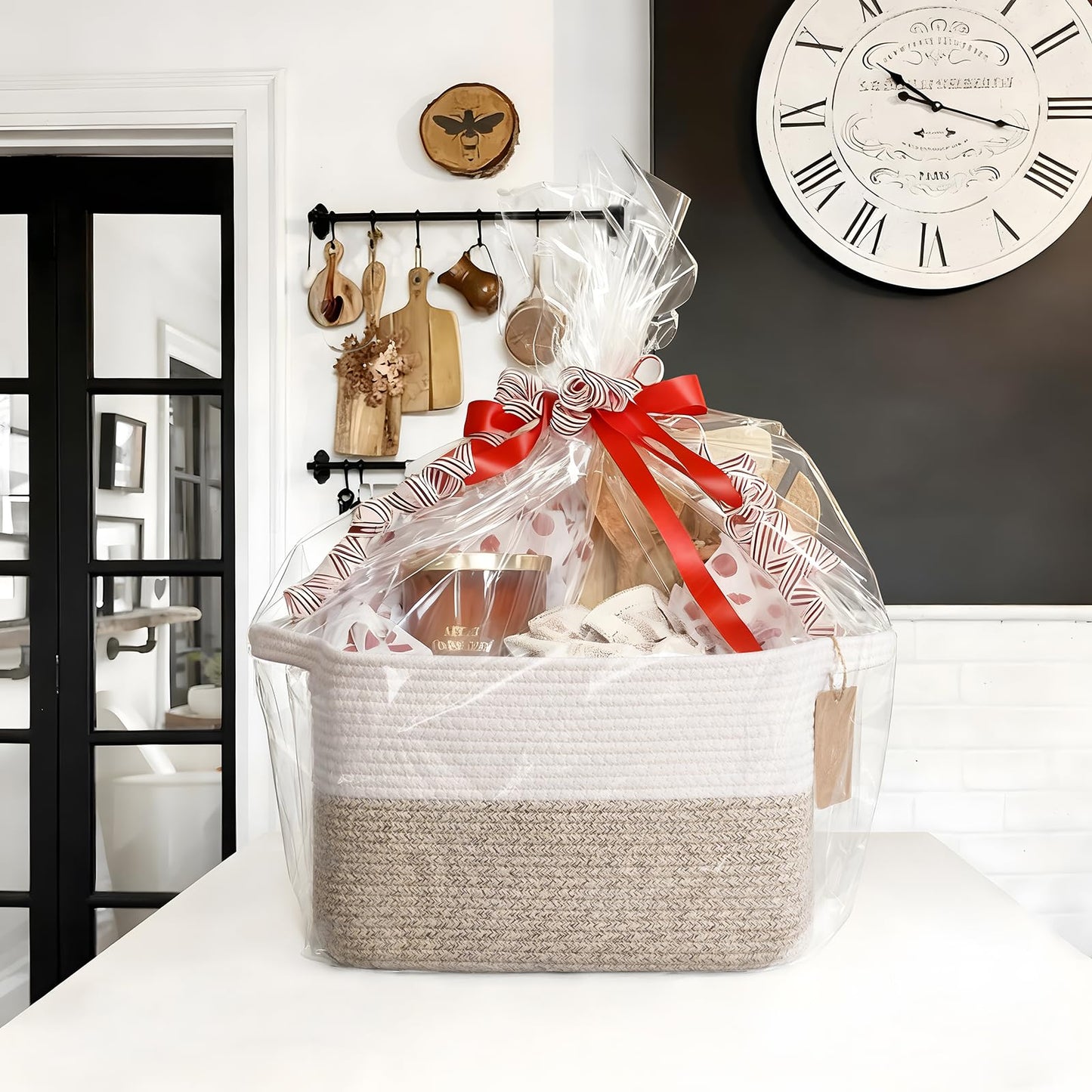 Goodpick Woven Storage Basket, Cotton Rope Basket for Dog Toys, Books, Stylish Gift Basket with Handles, 13 x 10 x 9 Inches Square Baskets for Organizing, Brown and White