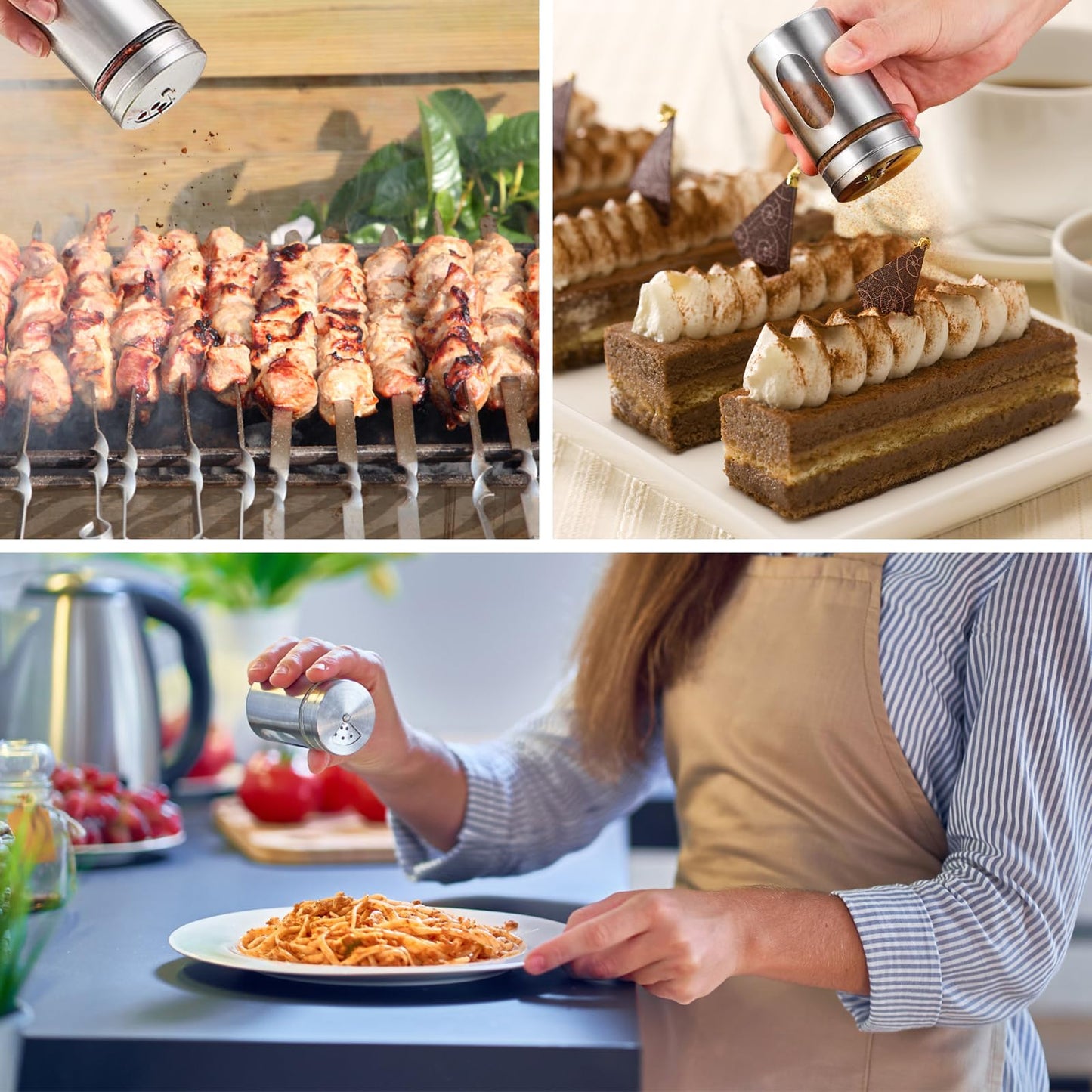 4 PCS Stainless Steel Salt and Pepper Shakers with Adjustable Pour Holes – Elegant Glass and Metal Spice Shakers for Coarse, Kosher, Sugar, Cinnamon, and Spices