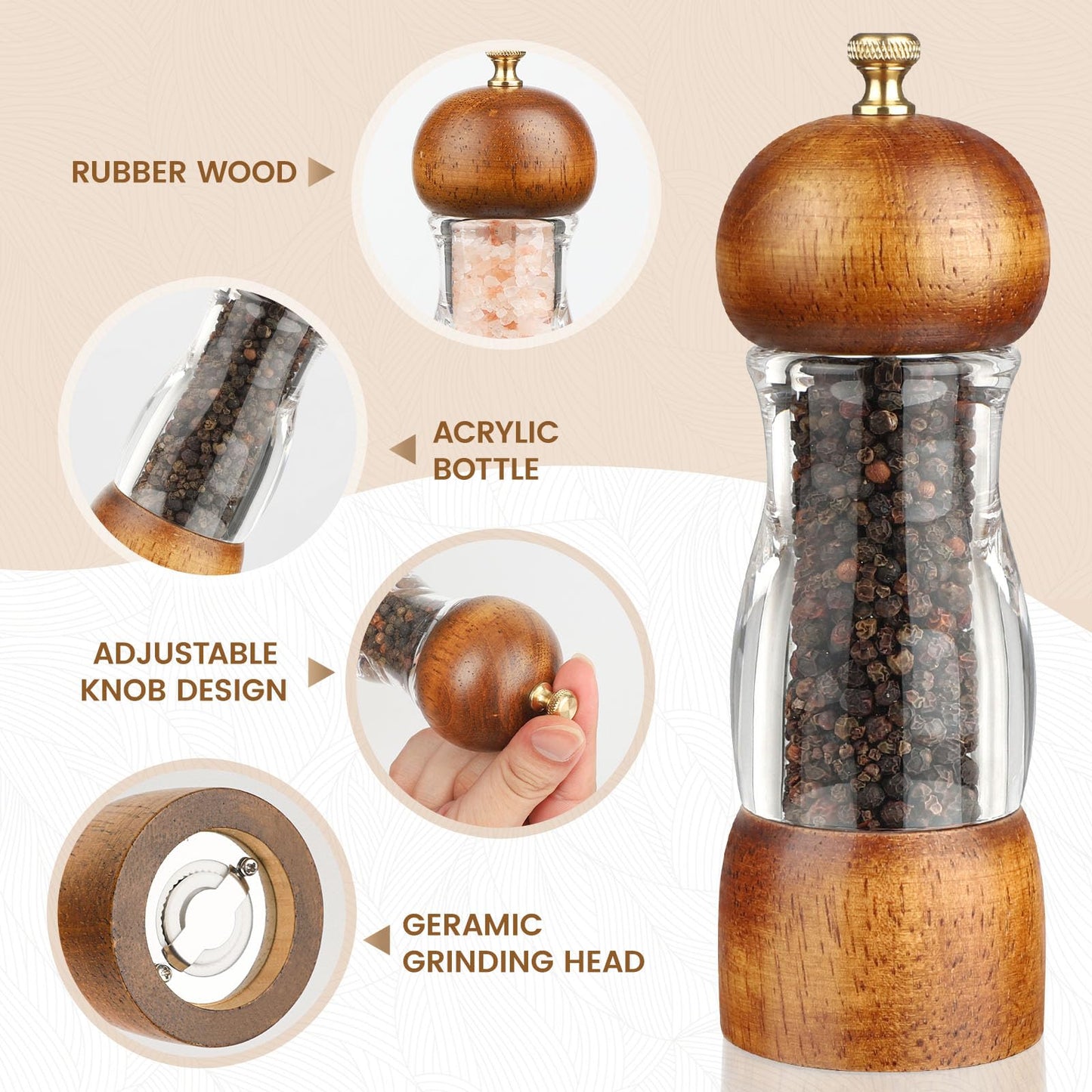Wood Salt and Pepper Grinder, Manual Salt Grinder and Pepper Mill Refillable, Wooden Shakers with Adjustable Ceramic Grinders - 6 inches, 2 Pack