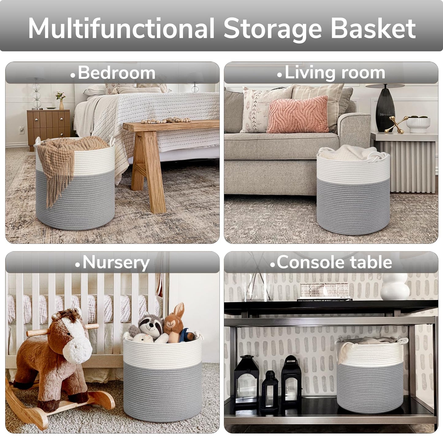 Goodpick Toy Basket for Kids, Woven Rope Blanket Basket for Living Room Nursery Baby Laundry Baskets for Organizing Clothes, Gray