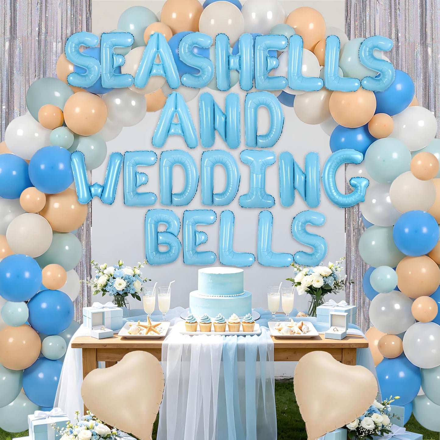 SHADOAMP Seashells and Wedding Bells Decor, Coastal Bachelorette Party Decorations - Balloon Garland Kit with Bride to Be Sash Foil Balloons Fringe Curtain for Beach Theme Bridal Shower Supplies