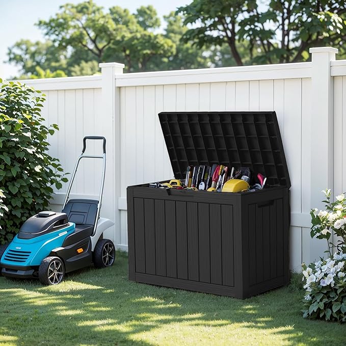 EasyUp 45 Gallon Outdoor Storage Box Waterproof, UV Resistant Deck Box Outdoor, Lockable Resin Deck Boxes for Garden Tools Equipment and Cushions, Black