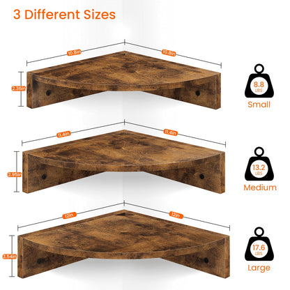 Homode Corner Shelf Wall Mount, Set of 3 Floating Corner Shelves with Cord Hole, 3 Tier Wood Wall Display Shelf, Storage for Bathroom Living Room Kitchen Bedroom, Rustic Brown and Black