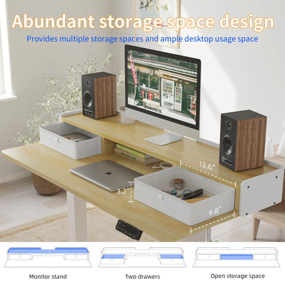 YIHAYO Low Height Adjustable Desk with Drawers, Lifts 18.1-28.3 Inches, Electric Standing Desk with Storage Shelf for Short People, 48 x 24 Inches Table with Splice Board for Home Office, Natural