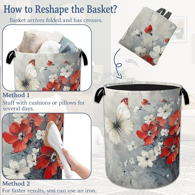 Butterfly Flowers Laundry Basket, Foldable Oxford Cloth Red Laundry Hamper