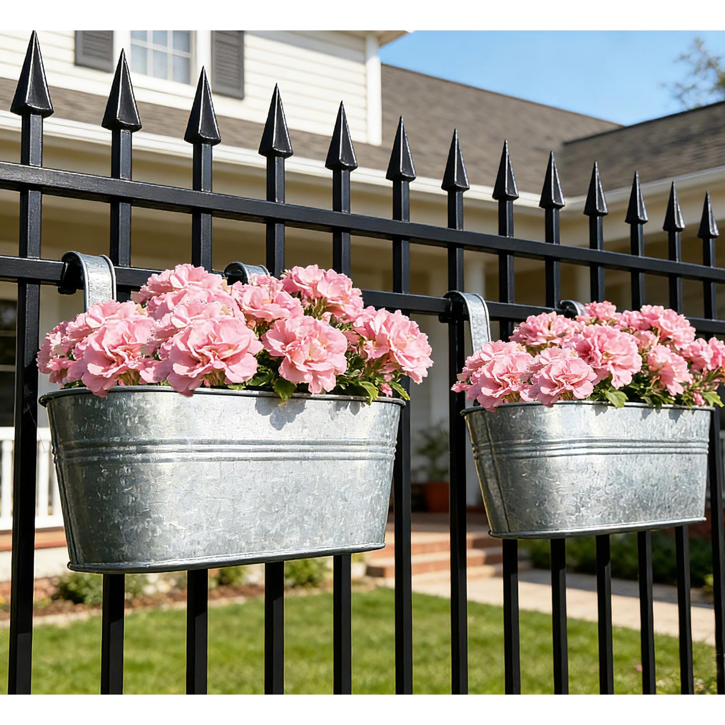 Joyfernal Balcony Galvanized Hanging Planters Railing Flower Pots, Outdoor Metal Fence Planter Pot with Detachable Hooks Drain Hole for Garden Patio Yard Decor (12 Inch, 6Pcs)