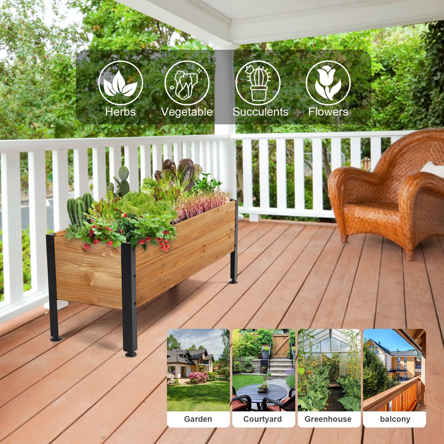 Borsynium Wooden Rectangular Flower Box with Short Iron Legs, Planting Bed for Flowers and Vegetables, Suitable for Garden and Balcony. Dimensions: 31.5×13.9×12.5 inches