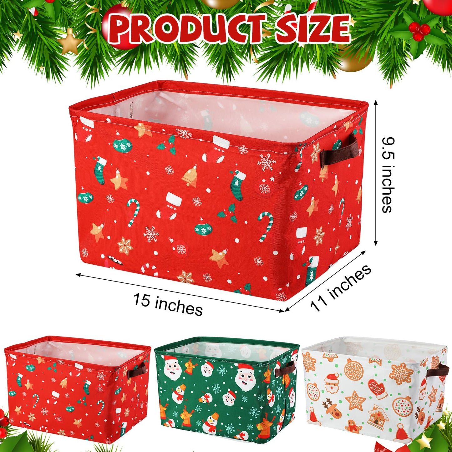 Geelin 3 Pcs Large Christmas Baskets 15 x 11 x 9.5 Inch Empty Xmas Storage Bin with Handles Collapsible Waterproof Extra Big Foldable Gift Basket for Office Home Bedroom Cloth Toy Gift(Vintage)