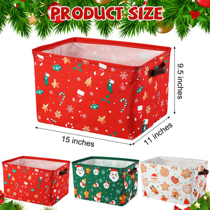 Geelin 3 Pcs Large Christmas Baskets 15 x 11 x 9.5 Inch Empty Xmas Storage Bin with Handles Collapsible Waterproof Extra Big Foldable Gift Basket for Office Home Bedroom Cloth Toy Gift(Vintage)