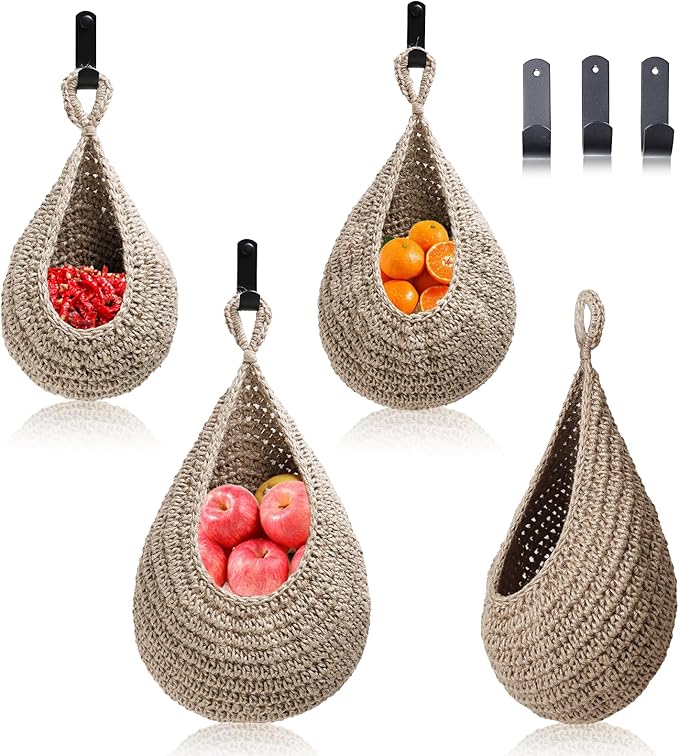 Hanging Fruit Basket Set of 3, Boho Wall Hanging Storage Basket