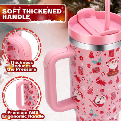 Skywerc Christmas Gifts for Women Mom Daughter, 40 oz Christmas Tumbler with Handle and Straw Lid, Xmas Stainless Steel Insulated Travel Mug, Keep Cold for 34 Hours (Red Santa & Deer)