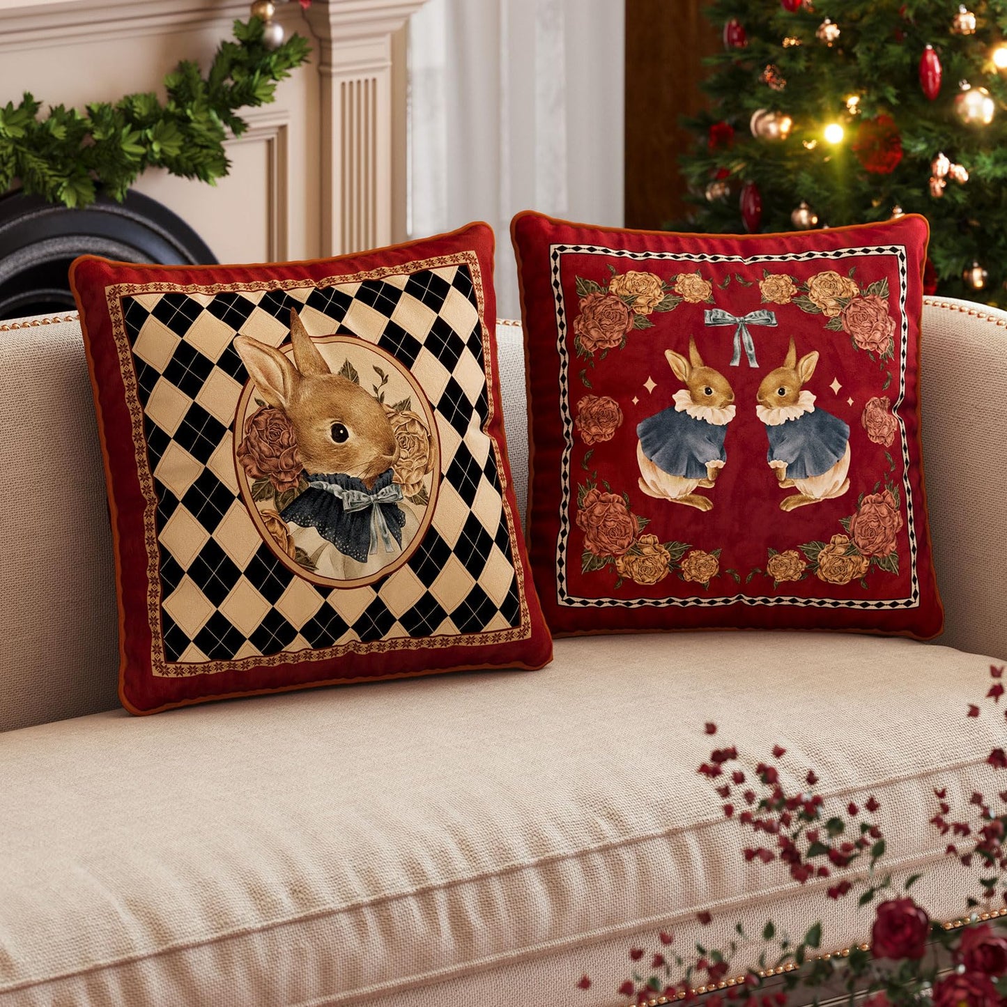 Livebee Bunny Floral Red Pillow Cover Decorations, Velvet Euro Sham Covers Decorative Throw Pillow Covers 18x18 for Couch Sofa Bed Home Decor