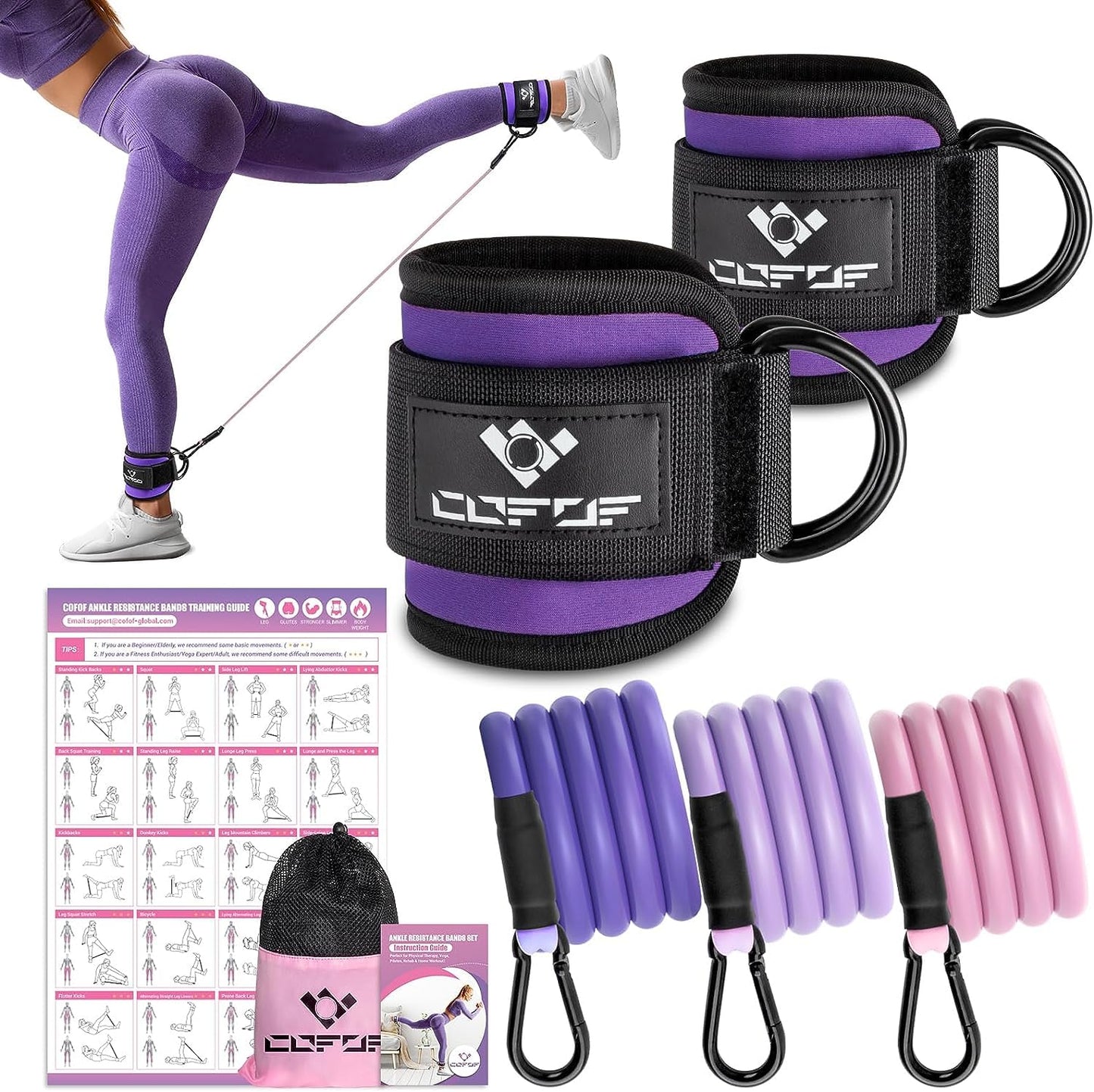 Ankle Resistance Bands With Cuffs for Working Out, Kickbacks, Hip, Leg and Glute Exercise - Training Poster Included - for Women