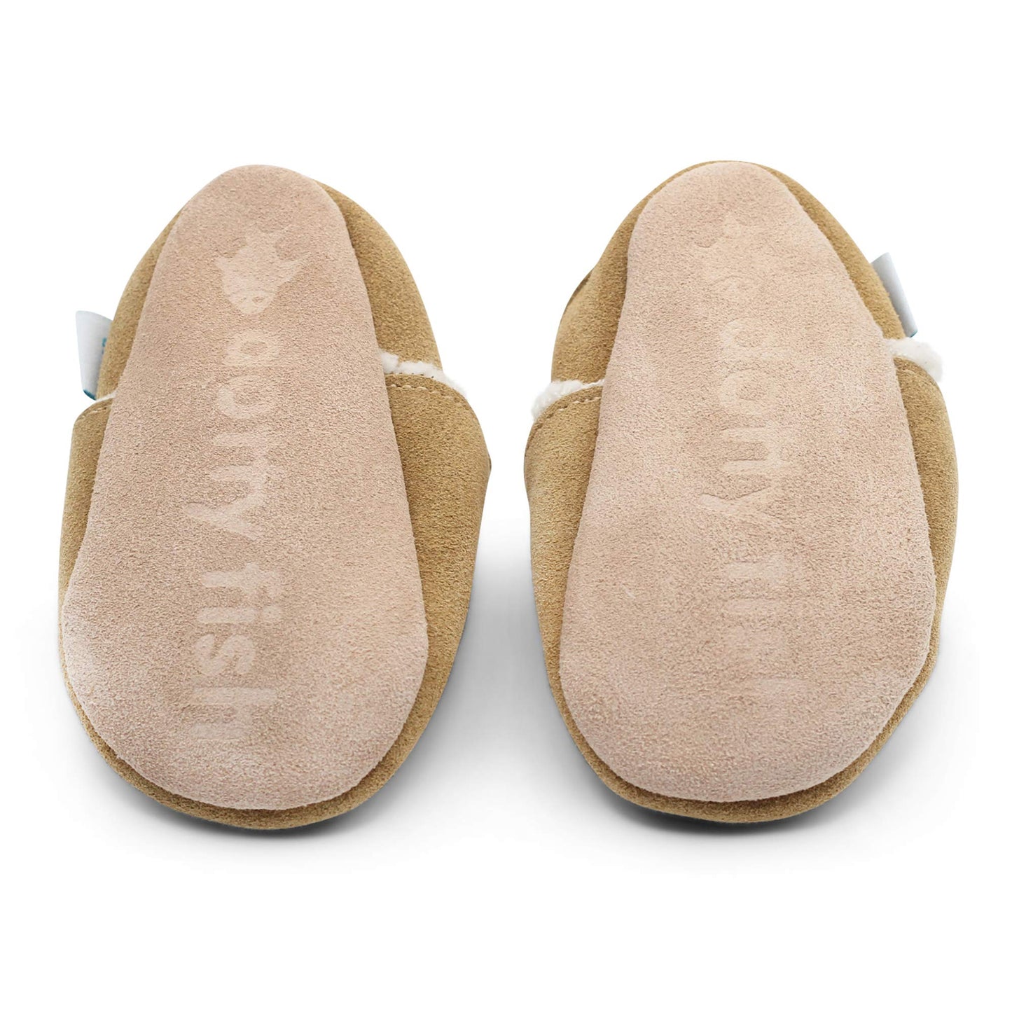Dotty Fish Baby & Kids Suede Barefoot Slippers – Boys & Girls, 5 Styles, Non-Slip Soft Soles, Warm Fleece-Lined House Shoes, Elasticated Ankles, Podiatry Approved – Light Brown Tan 18-24 Months