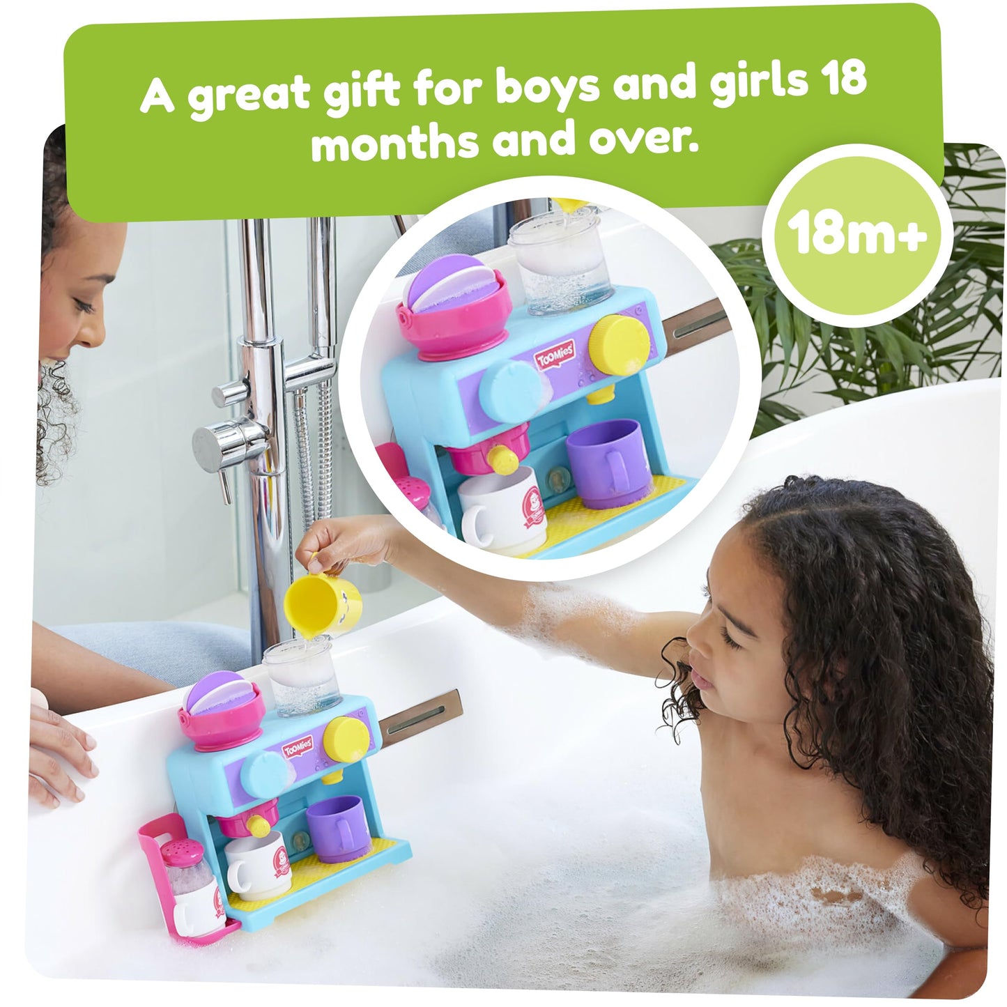 Toomies Bath Barista - Pretend Cafe Baby Bath Toys - Wall Mounted Bubble Bath Play Kitchen Toddler Toys - Kids Kitchen Set Includes 3 Cups, 1 Jug, 1 Shaker - +18 Months Boys Toys & Girls Toys