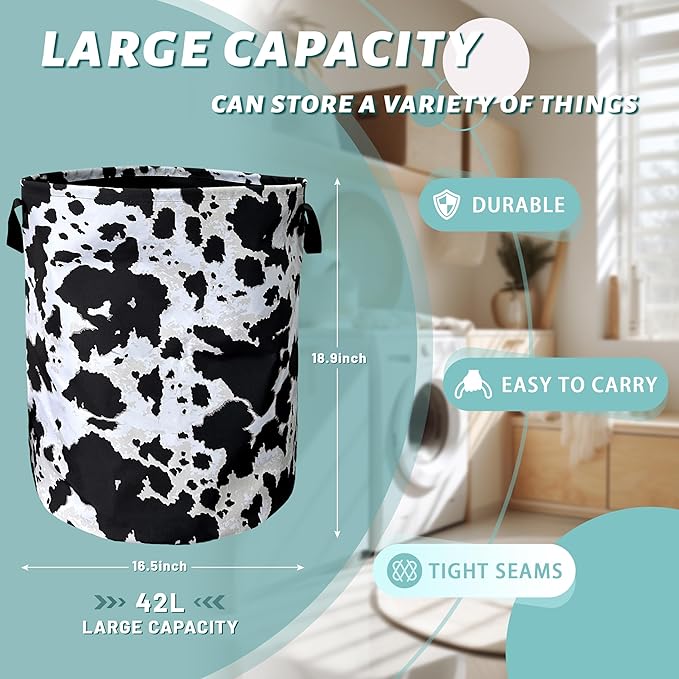 Retro Black White Cows Print Laundry Basket Foldable