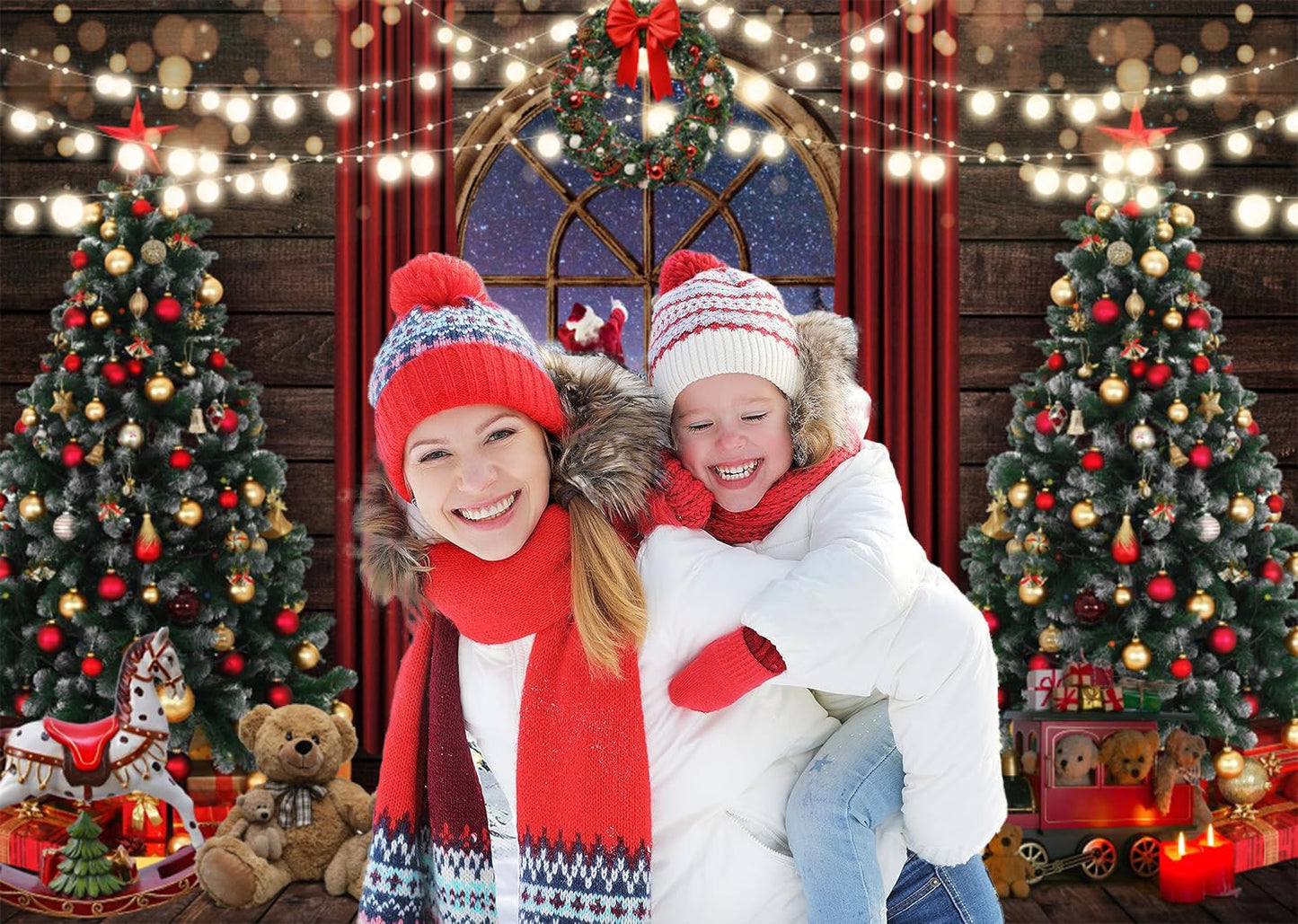 Merry Christmas Backdrop Window Santa Claus Xmas Tree Gifts Red Curtains Snow Winter Holiday Background for Xmas Holiday Party Decorations Banner Photo Booth Props 10x8ft