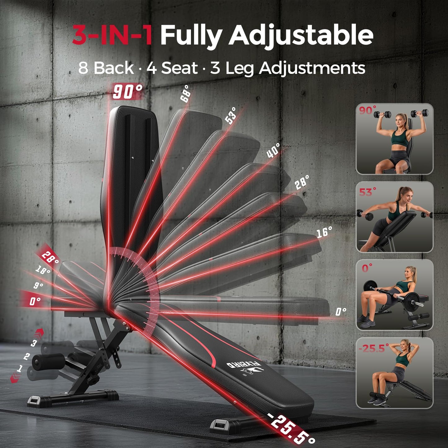 FLYBIRD WB2 Weight Bench, Utility Adjustable Weight Bench for Full Body Workout- Multi-Purpose Foldable Incline Bench (Black)
