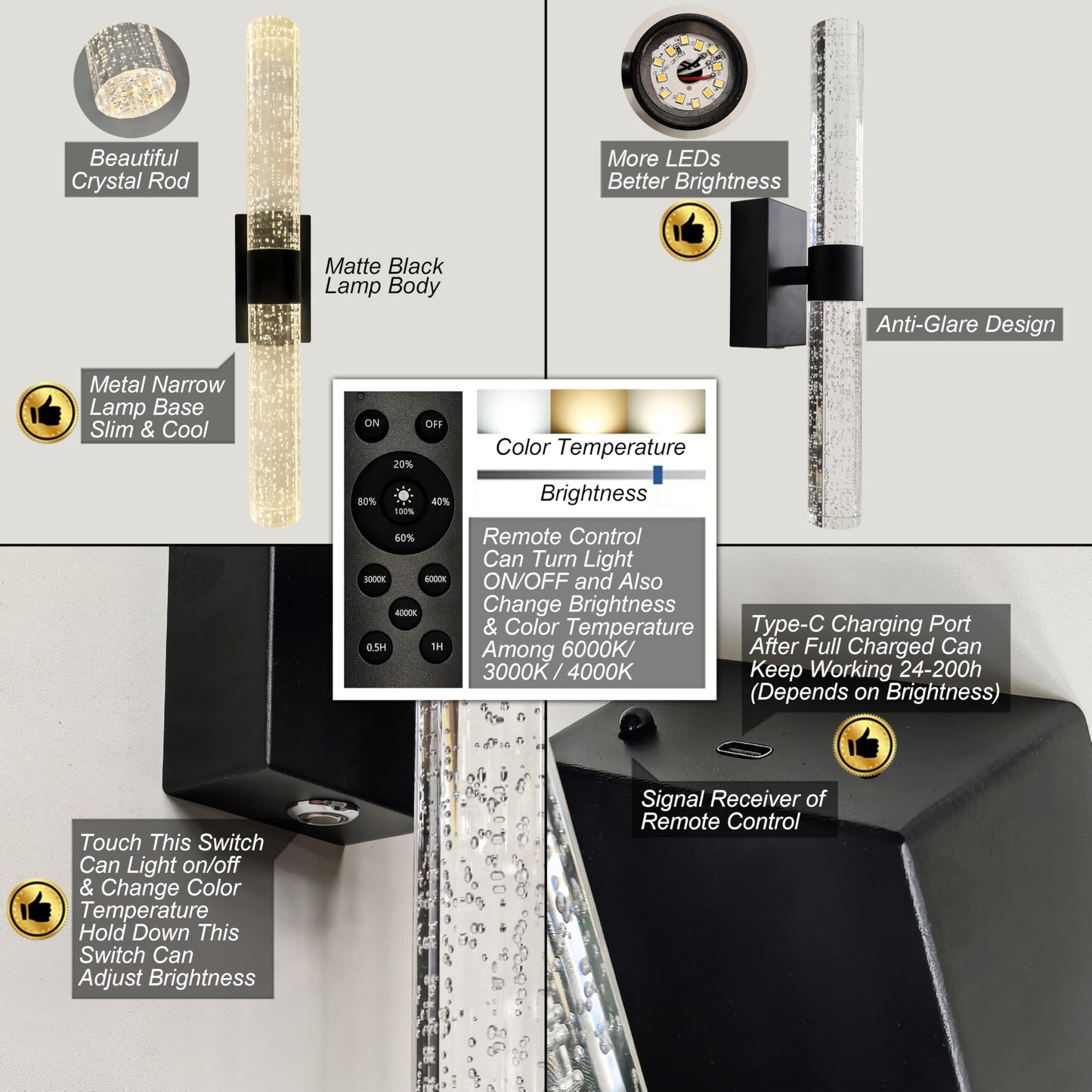 Battery Operated Crystal Wall Lights Rechargeable Set of 2 with Remote | Narrow Base Wireless Bubble Crystal Rod Wall Sconces Vanity Lights for Bathroom Bedroom Living Room (2 Pack, Black, 15.5'')