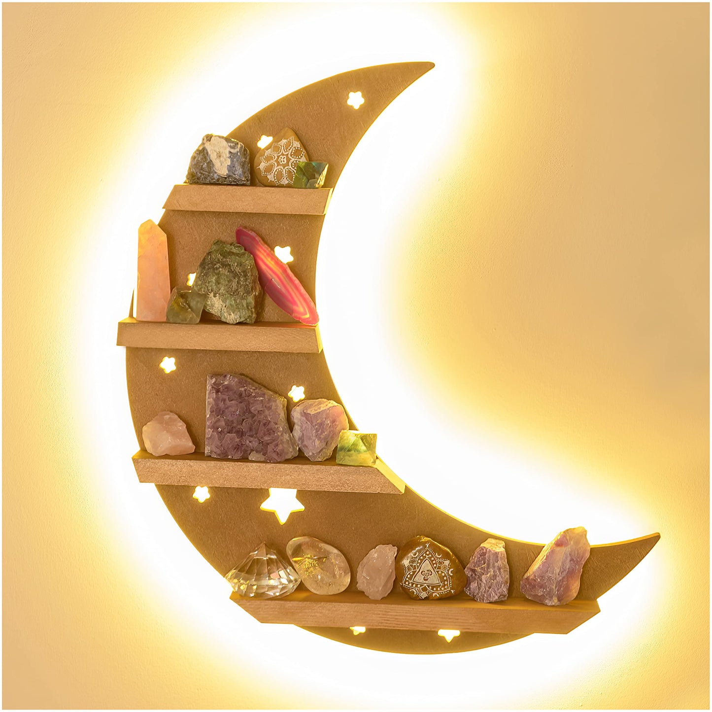Curawood Crescent Moon Shelf with LED Lights - 15.7" Crystal Display Shelf for Wall - Crystal Holder for Stones - Moon and Stars Wall Decor - Rock Display Case, Witchy Altar Trinket Organizer