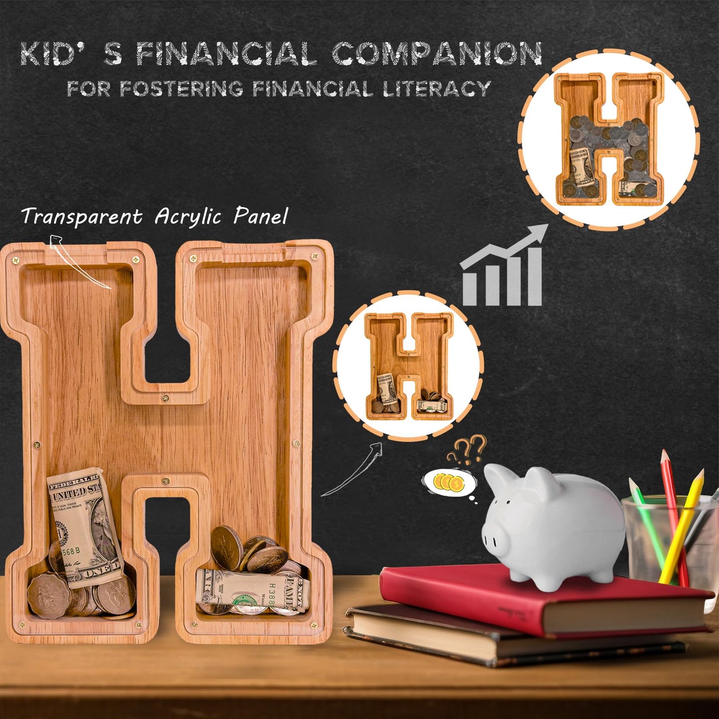 JOOMLAFLY Wooden Letter Piggy Bank for Kids - Personalized Initial Coin Bank for Boys and Girls