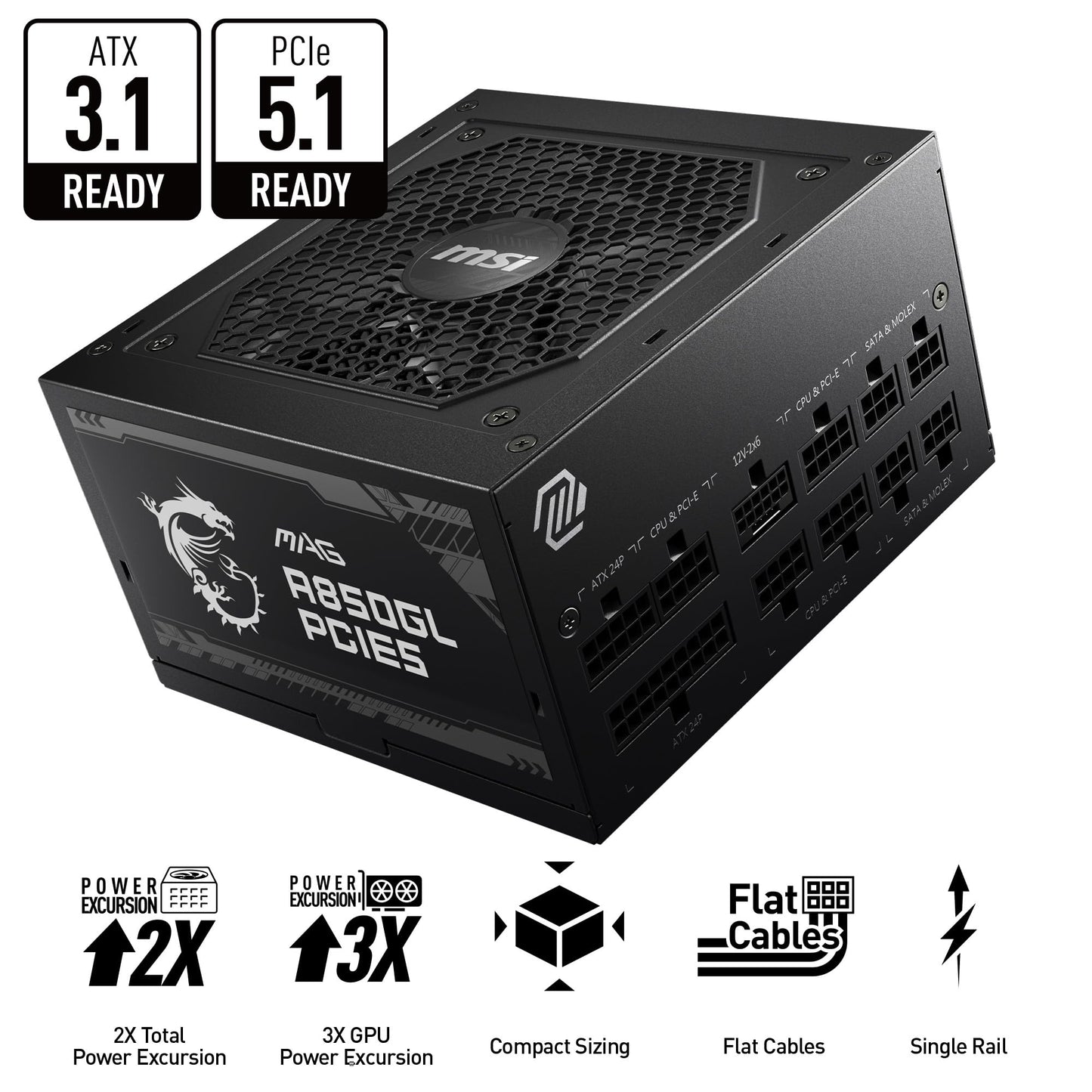 MSI MAG A850GL PCIE5 Power Supply Unit, 850W, 80 Plus Gold, Fully Modular, ATX 3.0, PCIe 5.0 GPU Support, Black Flat Cables, 7 Year Warranty