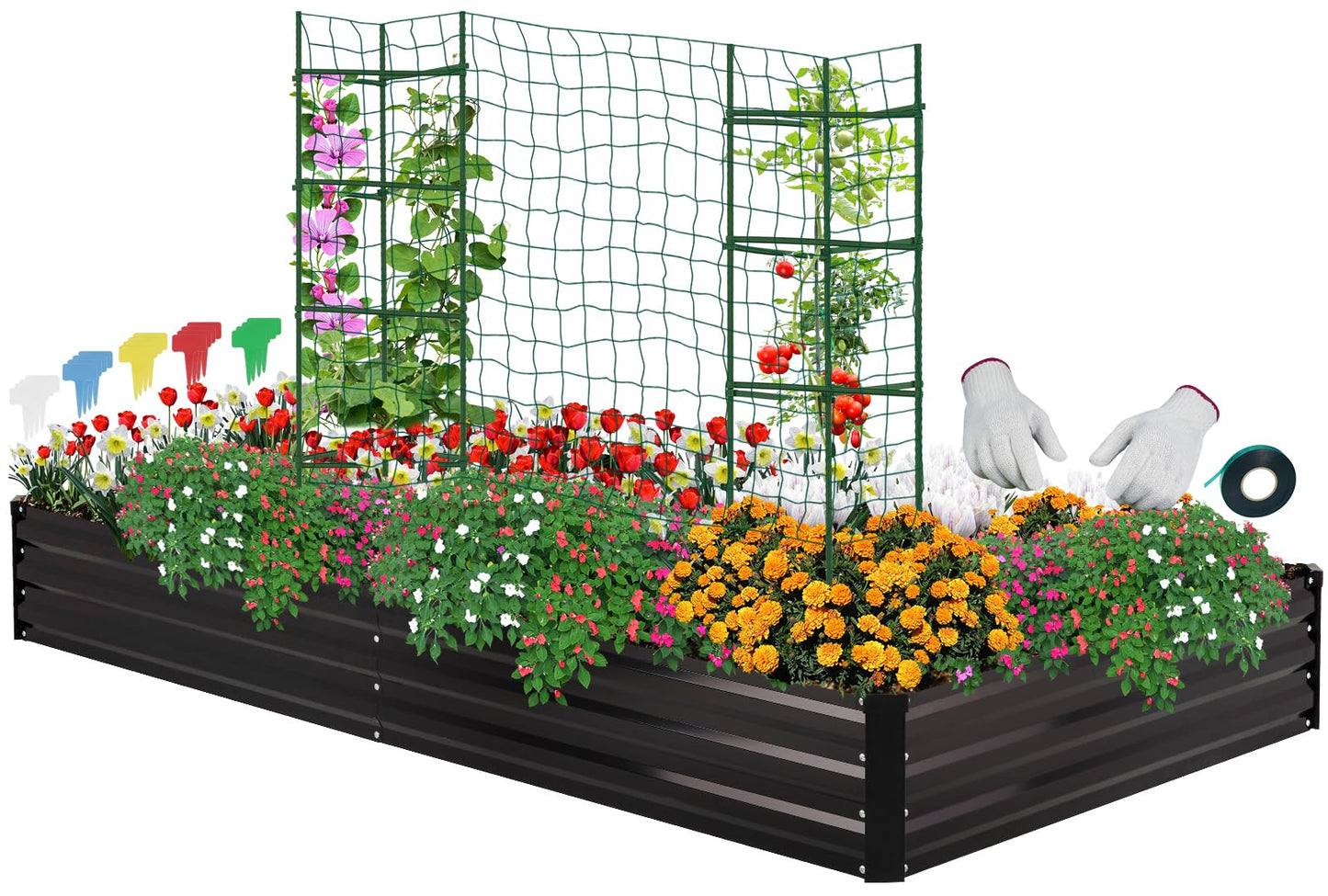 ONCEMORE Galvanized Raised Garden Bed for Vegetables Flowers Herbs, Metal Raised Garden Bed Kit with 2 PCS Tomato Cage, Gloves, Trellis Netting, Plant Labels, Plant Ties, Black 8×4×1FT