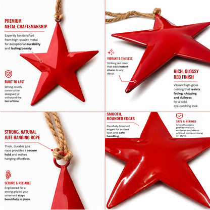 Hanging Star Wall Decor Set of 3 – Red Metal Hanging Star with Rope – Farmhouse Rustic Home & Christmas Decoration for Door, Wall & Window (5 x 5 x 10.2 Inches) (Red)