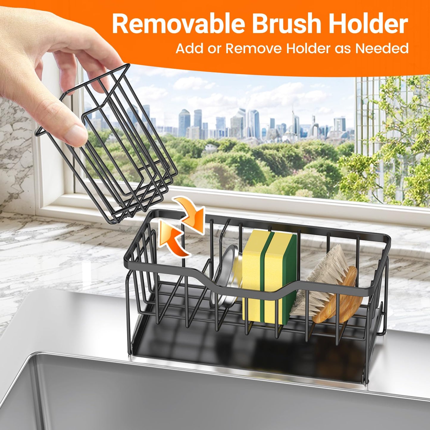 StorageRight Kitchen Sink Caddy Organizer, Rustproof Sponge Holder for Kitchen Sink, Instant Dry High Brush Holders with Drain Tray, Anti-Slip Storage Organization Essentials, Black