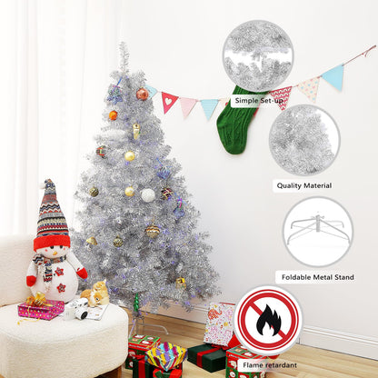 6Ft Artificial Christmas Tree with Metal Stand for Holiday Festival Parties Home Office Decor, 8 Modes 200 LED Blue Lights Included