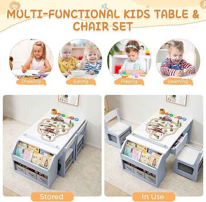5-in-1 Kids Art Table and Chairs, Wood Toddler Table and Chair Set