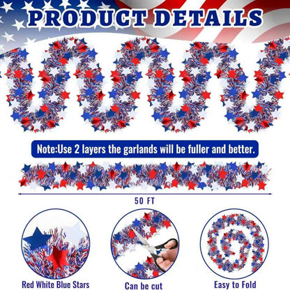 YunPuff 50 Ft Patriotic Star Garland, Red White Blue Metallic Tinsel with 5-Pointed Stars, 4th of July & America 250th Anniversary Decorations for Independence Day Party Mantle Porch Fireplace