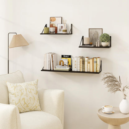 Heimlove Black Deep Floating Shelves for Wall, 16W x 8D Wood Wall Shelves Set of 2, Wide Floating Bookshelf for Living Room, Kitchen, Office, Bedroom and Decor Storage, with Metal Bracket - Black