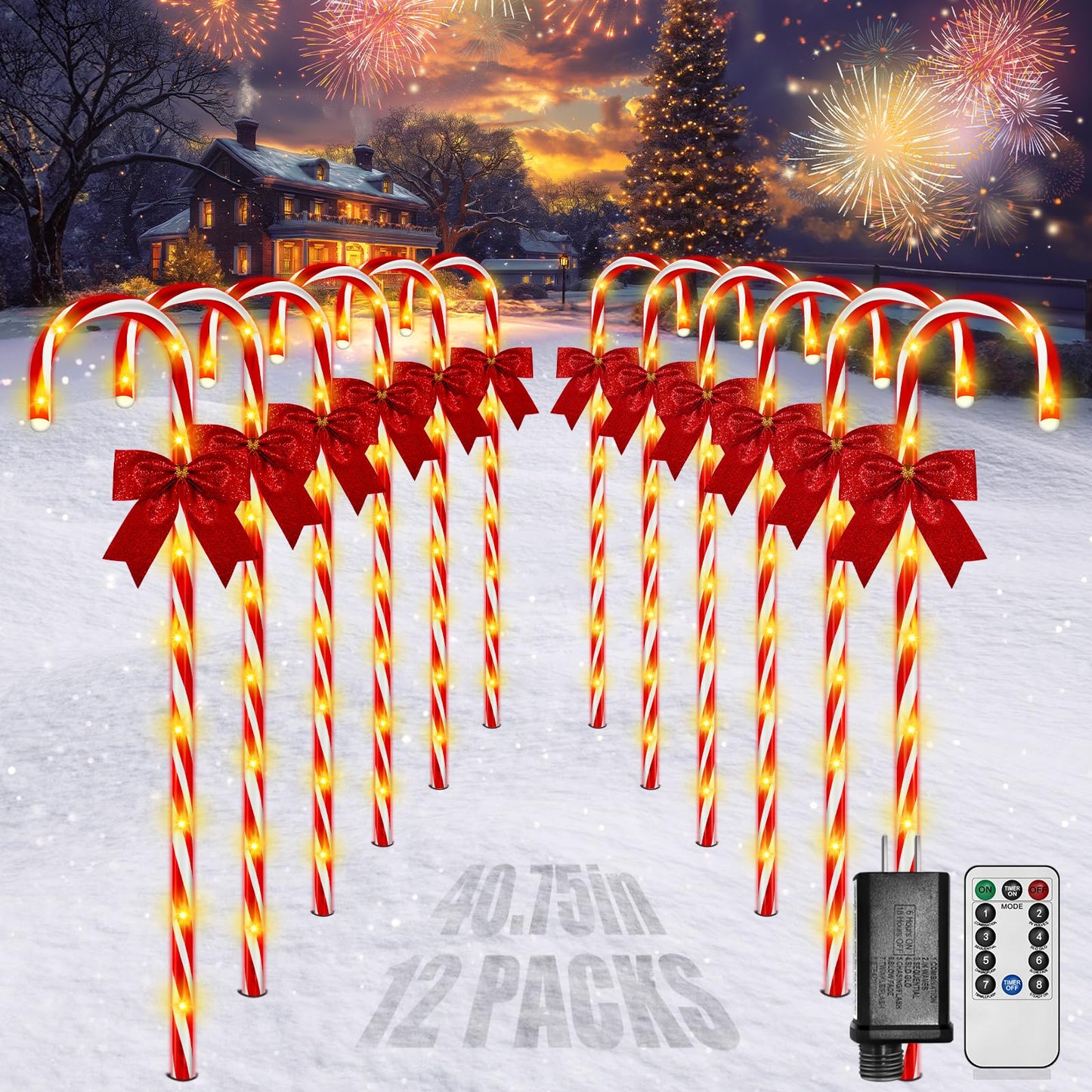 Christmas Candy Cane Pathway Lights, 12PCS 120 LED Christmas Lights Outdoor Decorations with Red Bow Waterproof, 8 Modes Timer Remote Christmas Walkway Light for Xmas Home Yard Lawn Patio Decor